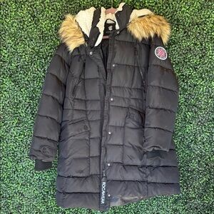 Rocawear Women's Black Puffer Jacket with Faux Fur Trim